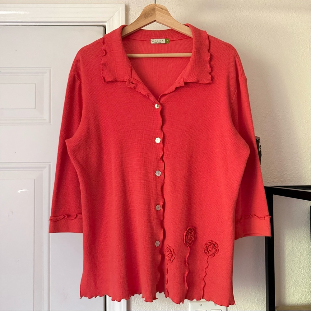 Chalet coral waffle thermal cotton lagenlook lettuce hem button‎ up shirt